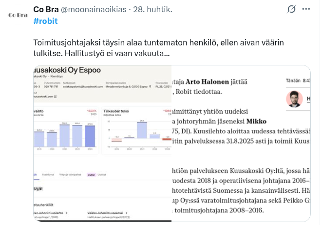 moonainaoikias's tweet photo. #robit
Jos edes kaivosteollisuuden hyvänä pysyvä kysyntä ei saa Robit pysymään pinnalla on yhtiössä silloin iso valuvika.
Tällä menolla yhtiö kuihtuu pois. Yhtiö on kuin Suomen valtio. Ei tosin yllätä... https://t.co/mDZSIQkQNv