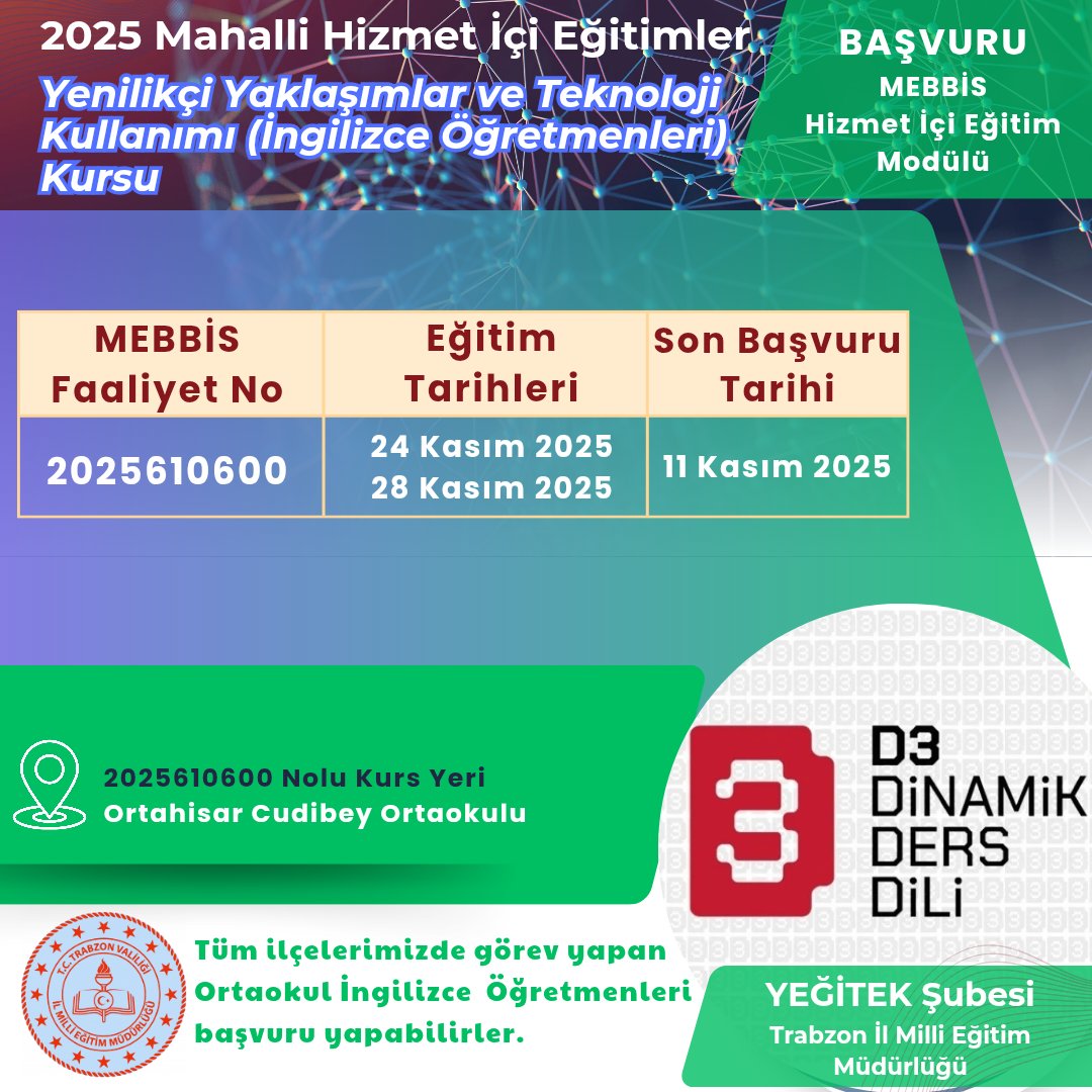 Trabzon İl Milli Eğitim Müdürlüğü YEĞİTEK Şubesi “Yenilikçi Yaklaşımlar ve Teknoloji Kullanımı” Kursları Başlıyor!
<a href="/yedamlaci/">Yunus Emre DAMLACI</a> <a href="/mebyegitek/">Yenilik ve Eğitim Teknolojileri Genel Müdürlüğü</a> <a href="/hasan_uygun91/">hasan uygun</a> <a href="/Trabzon_MEM/">Trabzon İl Milli Eğitim Müdürlüğü</a>