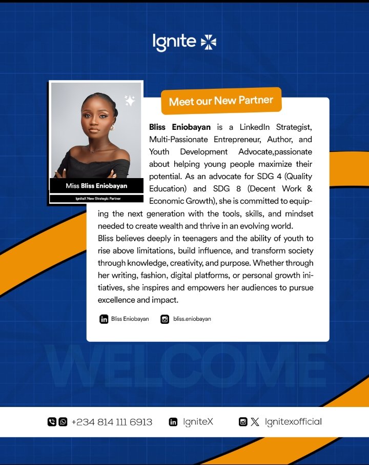 Ignitexofficial's tweet photo. Excited to welcome Miss Bliss Eniobayan as our new Strategic Partner at IgniteX! 🚀  
She’s a LinkedIn Strategist, Author &amp; Youth Advocate passionate about helping young people thrive.  
Let’s grow, innovate &amp; make impact together! https://t.co/hr5J1DsBDR