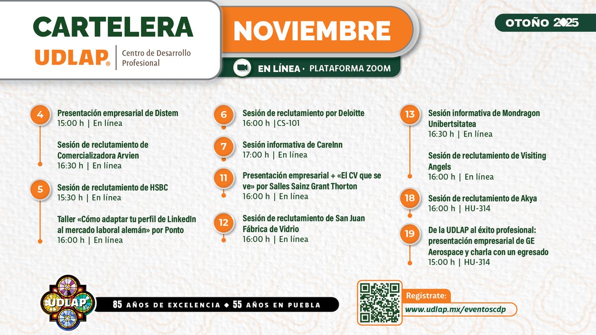 CDP_UDLAP's tweet image. ¡Noviembre llega con nuevas oportunidades!
Conoce la Cartelera del Centro de Desarrollo Profesional #UDLAP y participa en las sesiones, talleres y presentaciones empresariales que tenemos para ti este mes. 

Regístrate en: udlap.mx/eventoscdp