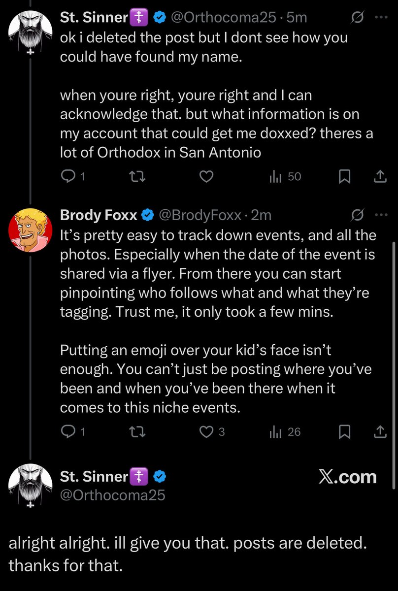 BrodyFoxx's tweet image. Him: You support pedos 
Me: Your posts has yours dox  
Him: Oh shit, thank you