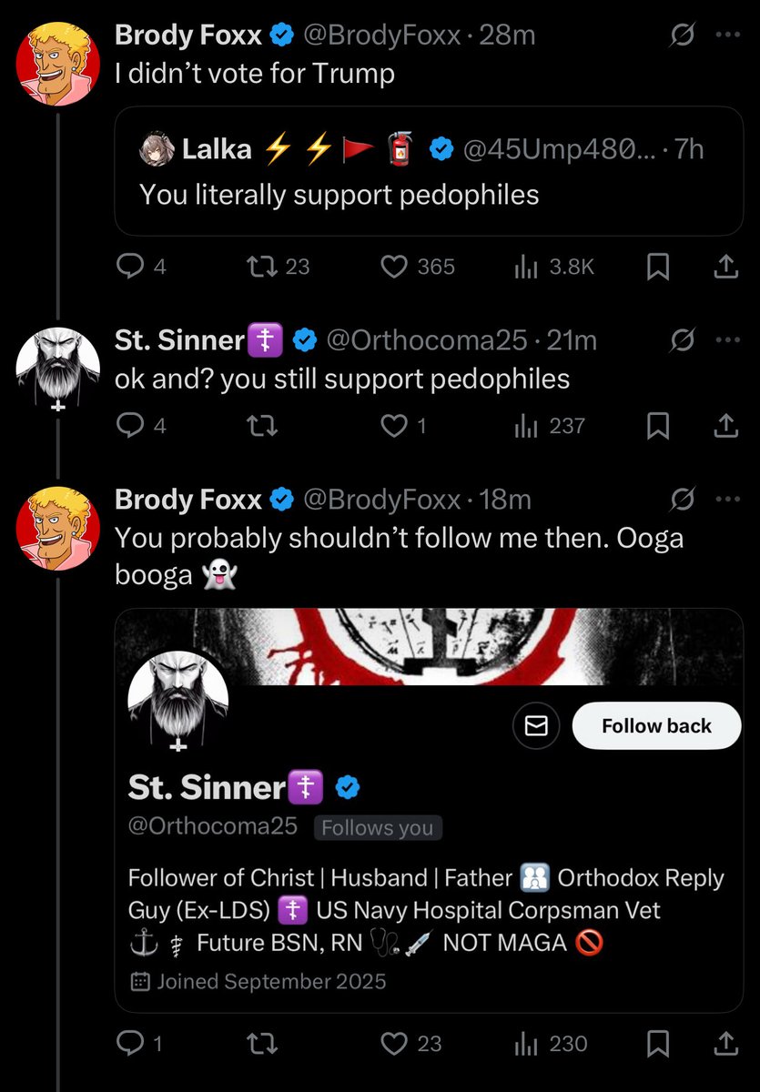 BrodyFoxx's tweet image. Him: You support pedos 
Me: Your posts has yours dox  
Him: Oh shit, thank you