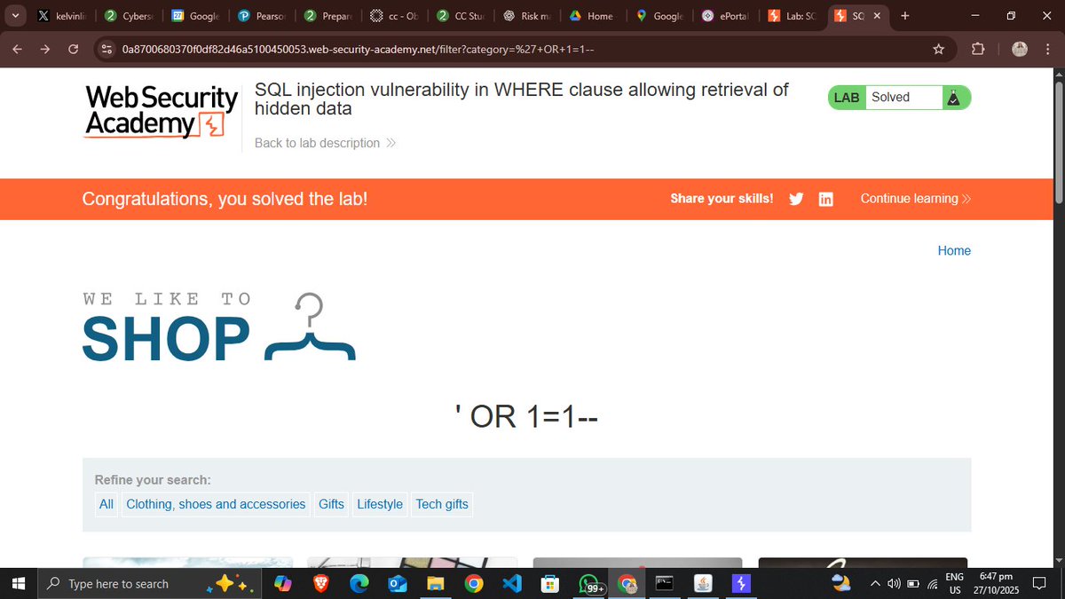 cybergirl_io's tweet image. I completed the Web Security Academy lab:
SQL injection vulnerability in WHERE clause allowing retrieval of hidden data
@WebSecAcademy
 portswigger.net/web-security/s…