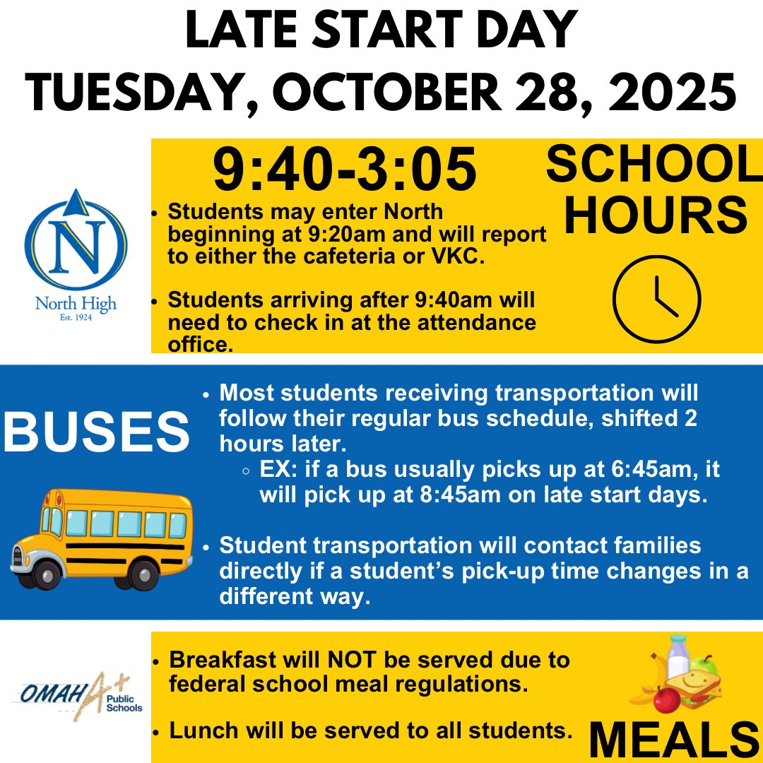 Don’t forget, Tuesday, 10/28/25 is a late start day! #place2be 💙💛💙💛