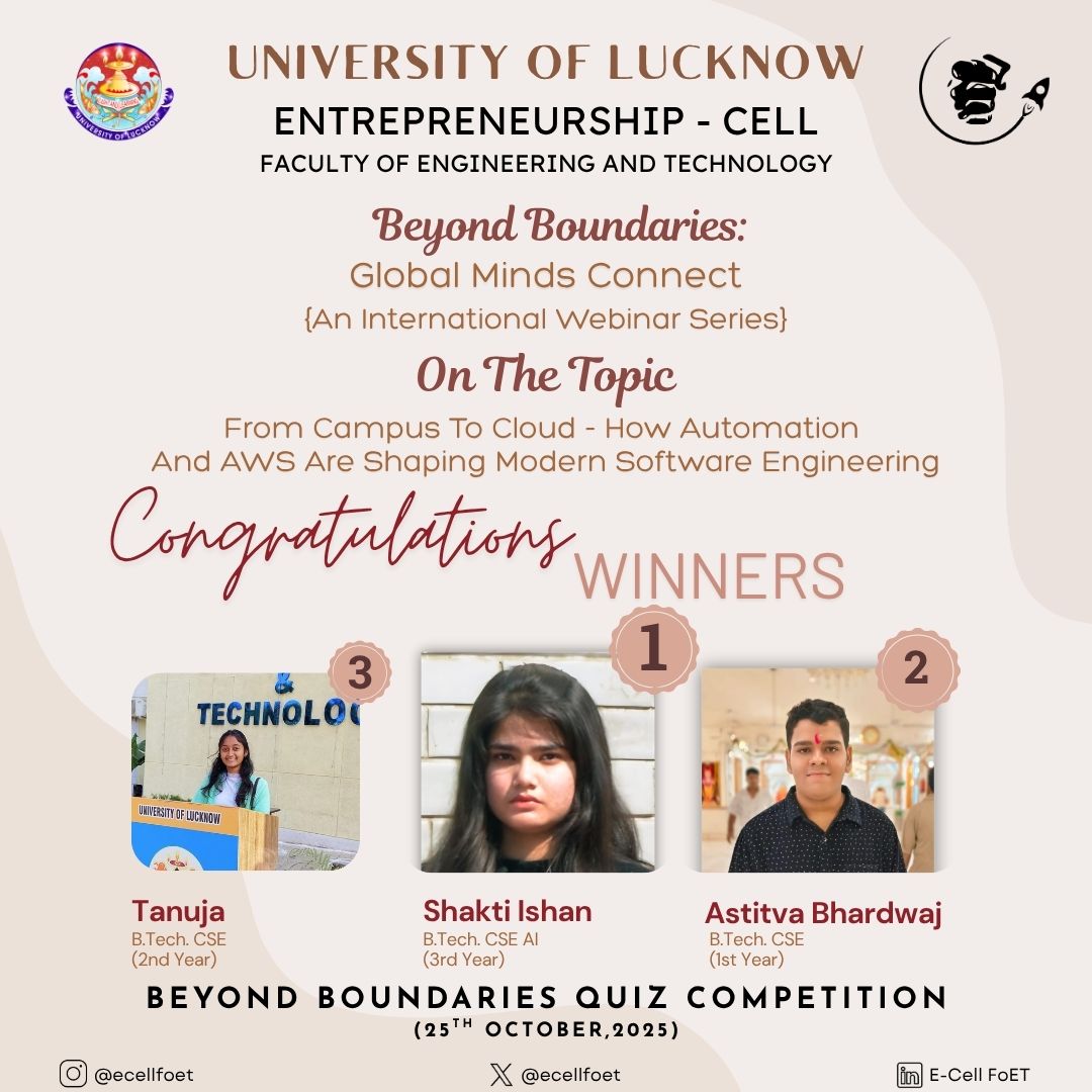 csefoetlkouniv's tweet photo. 🌍✨ Beyond Boundaries: Global Minds Connect ✨🌍

Congratulations to the Winners of the International Webinar Quiz! 🎉

🥇 Shakti Ishan – CSE(AI) 🥈 Astitva Bhardwaj – CSE 🥉 Tanuja – CSE

Kudos to all participants for their curiosity &amp; global innovation spirit! 🚀💡
#FoET #LU https://t.co/2bJ8SVSArO
