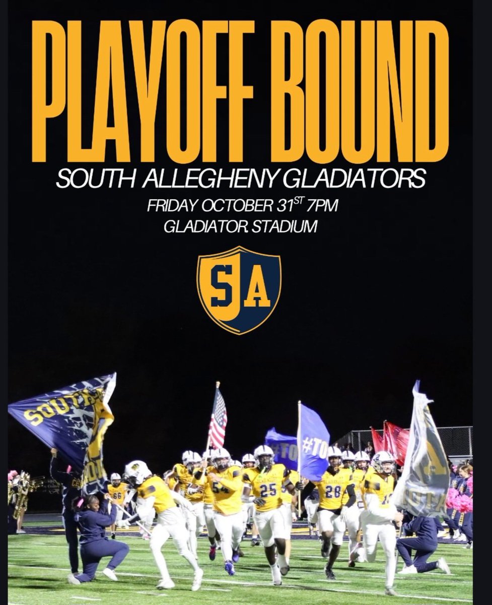 🏈🔥 PACK THE STANDS because SA will host Round 1 of WPIAL Football Playoffs FRIDAY at Gladiator Stadium! 💙💛
💥 South Allegheny vs Waynesburg
🕖 Kickoff: 7PM
🚪 Gates Open: 5:15 PM
🎟️ Tickets: $7 at GATE or purchase online GoFan.com this is different  🎟 vendor