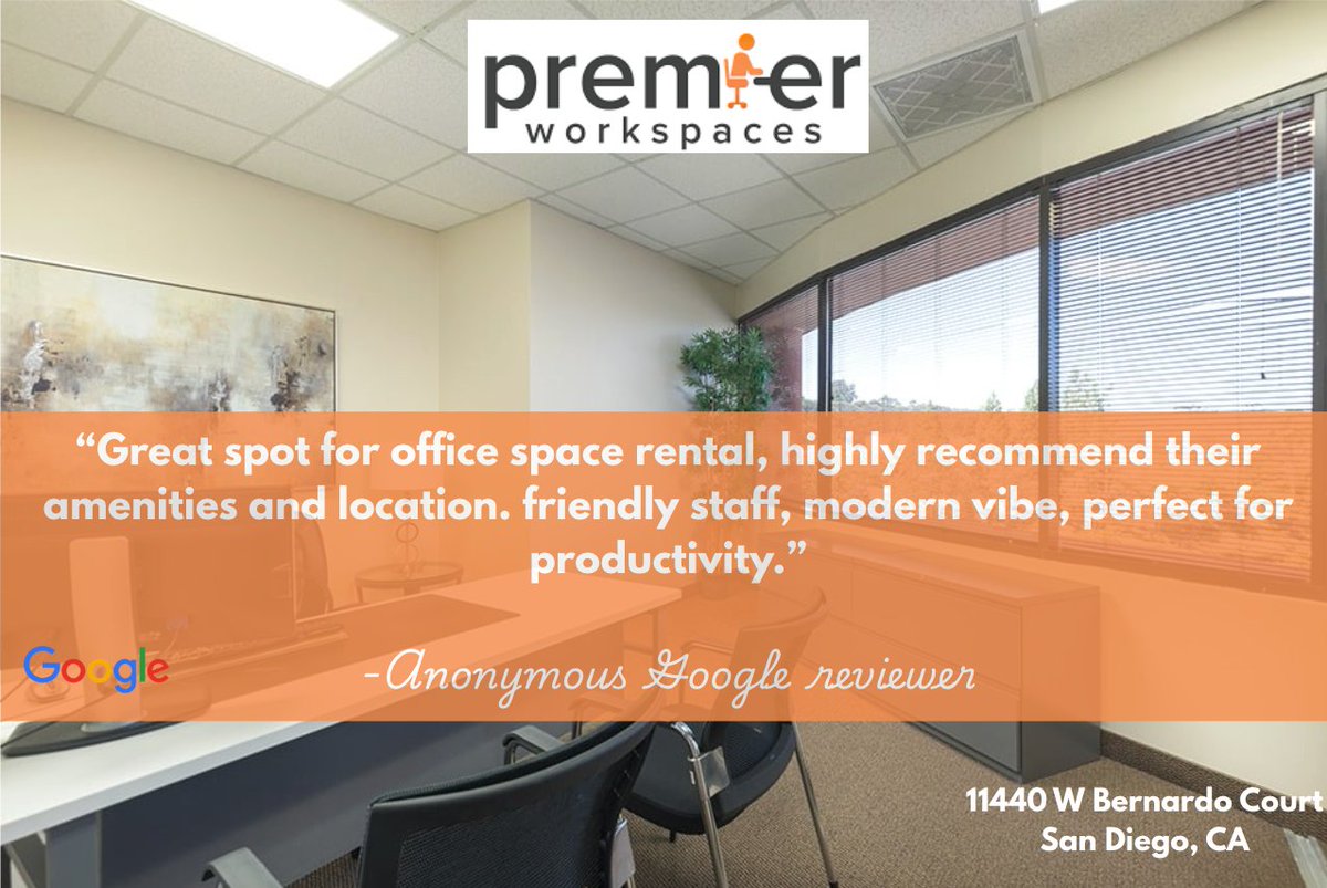 PWSpaces's tweet image. A great review from one of our clients at our Rancho Bernardo, CA office suites.

premierworkspaces.com/california/san…

#WorkspacesThatWork #LocationLocationLocation #GoodReview #ranchbernardoofficespace