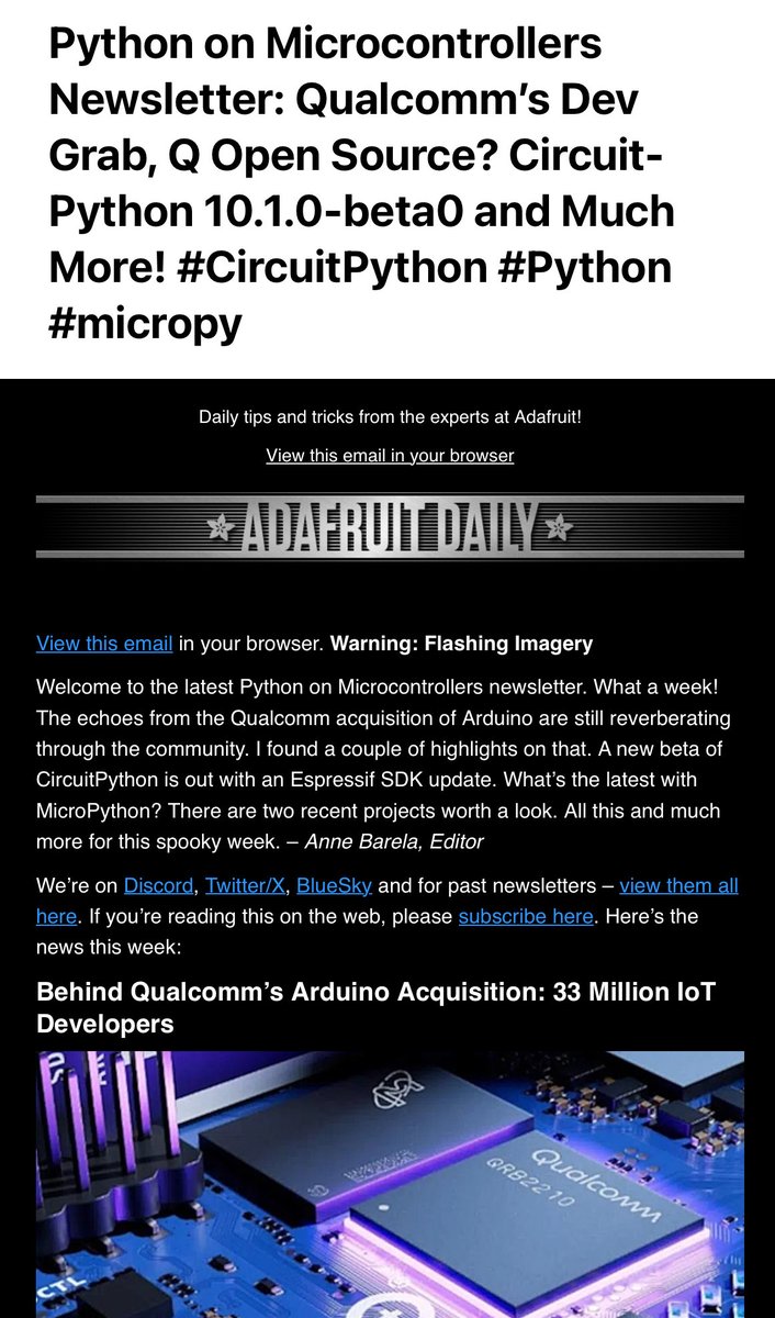 r_schulz_maker's tweet image. Out Now! The latest @adafruit Daily - Python for Microcontrollers published
today. You are interested in text-based programming with #micropython and want to be part of a cool community. 
Subscribe here 🫵: 
adafruitdaily.com
@anne_engineer would be happy too☺️