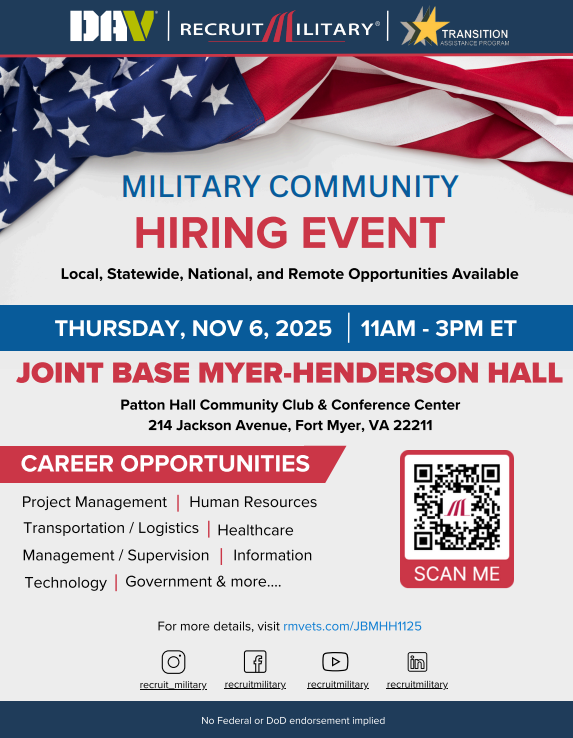 SemperValens's tweet photo. We’re excited to share that SVS will be at the upcoming Military Community Hiring Event!

Thursday, November 6, 2025
11:00 AM – 3:00 PM ET
Patton Hall Community Club &amp; Conference Center
214 Jackson Avenue, Fort Myer, VA 22211

https://t.co/8GoqvcbB3A https://t.co/Pl8LVPX9dr