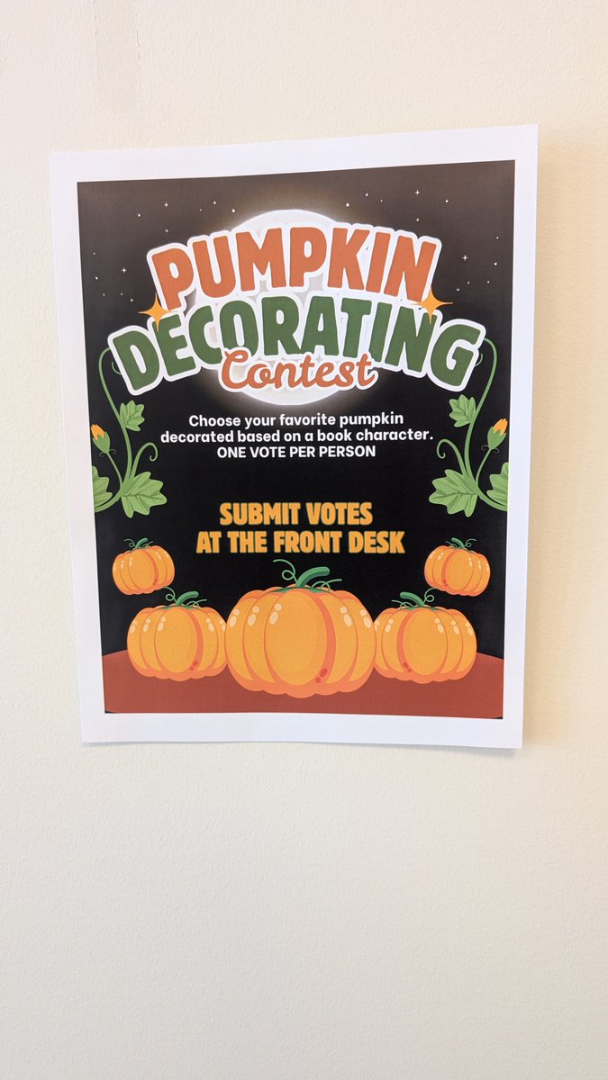Vine_BranchesLC's tweet image. We&apos;re having a pumpkin decorating contest! Our students in each classroom have worked together to create some amazing pumpkins based on our favorite story book character! Stop by the front desk before Wednesday to vote for your favorite. The winning class will get a prize!
#vablc