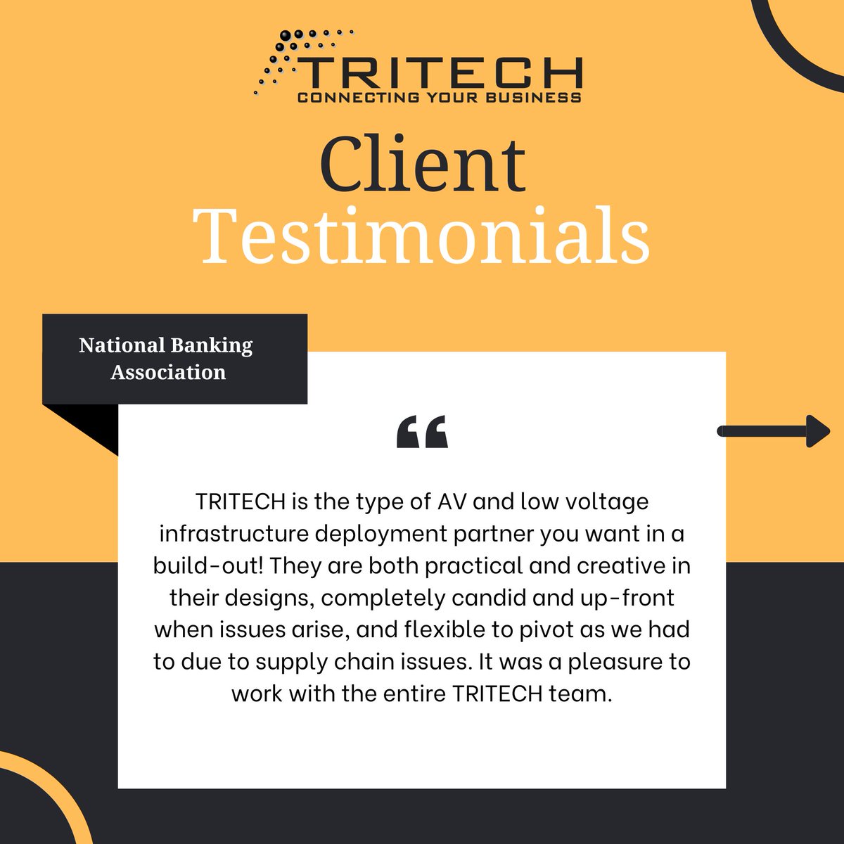 TRITECHComm's tweet image. Client feedback is our greatest measure of success. Here’s what our partners are saying about working with us. #tritech #tritechcommunications #tritechcomm #customerappreciation #clientappreciation #clienttestimonials #testimonials #av #avindustry #security #it