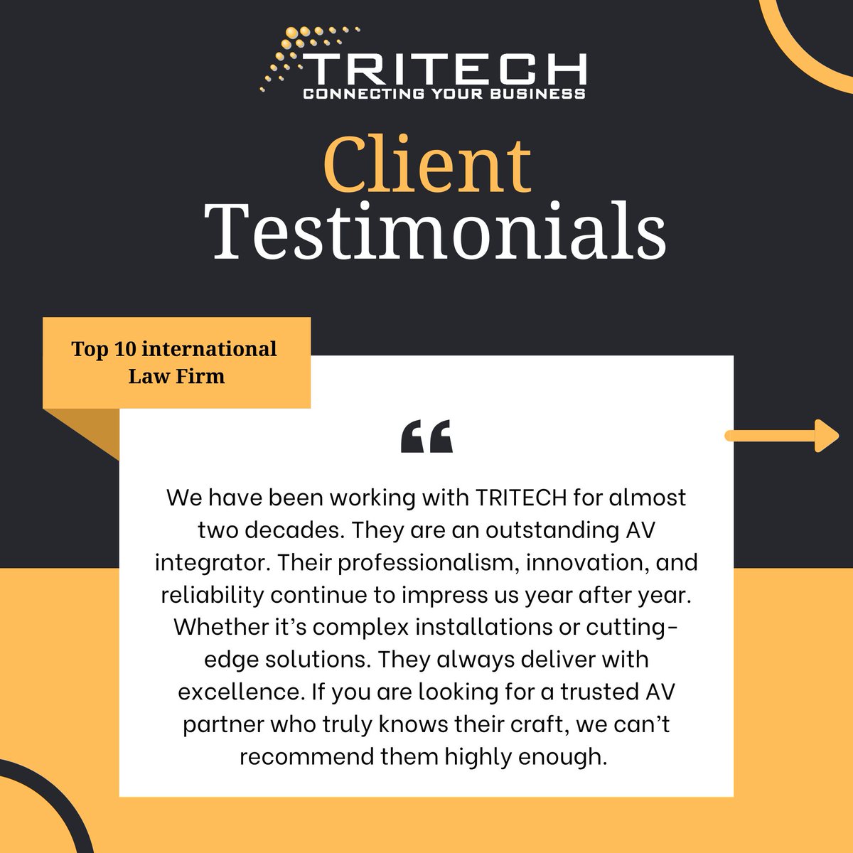 TRITECHComm's tweet image. Client feedback is our greatest measure of success. Here’s what our partners are saying about working with us. #tritech #tritechcommunications #tritechcomm #customerappreciation #clientappreciation #clienttestimonials #testimonials #av #avindustry #security #it
