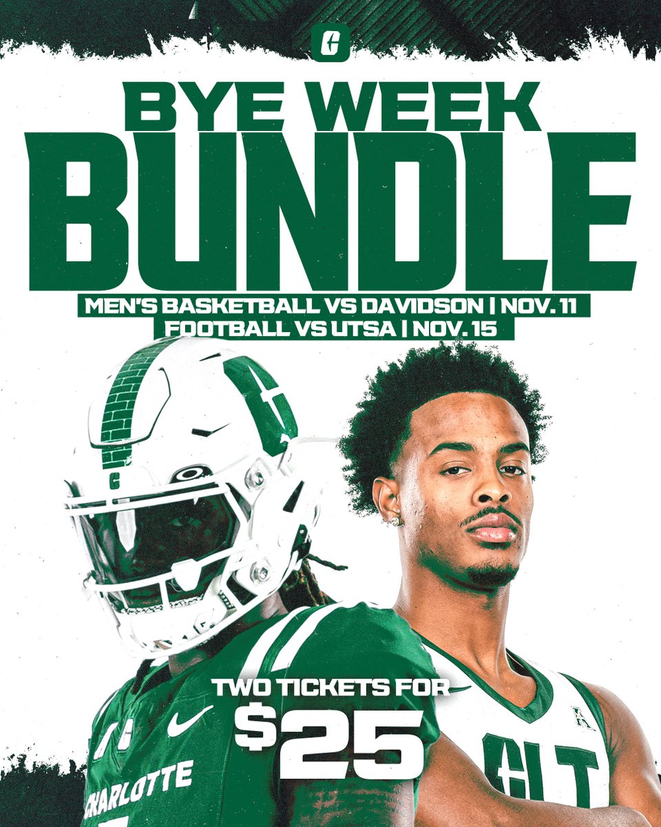 🚨 Buy Week Bundle Alert! 🚨

Two games. One price. All the hype. 💥

🏀 <a href="/CharlotteMBB/">Charlotte Men’s Basketball</a> vs. Davidson on Nov. 11
🏈 <a href="/CharlotteFTBL/">Charlotte Football</a> vs. UTSA on Nov. 15

Get both for just $25 and catch the Battle for the Hornets’ Nest + Football Senior Day!

🎟️ Limited time only »