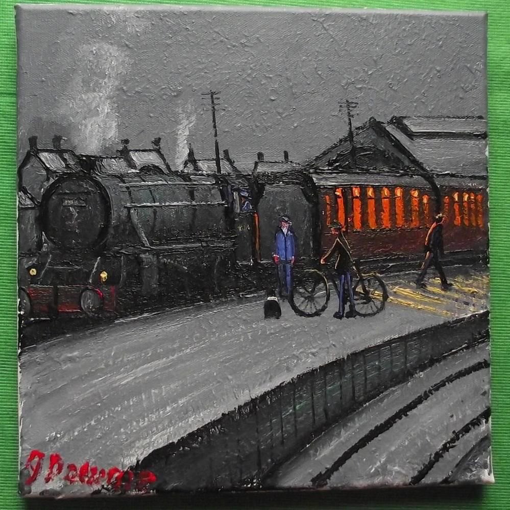 Finally today 
James Downie 
‘Platform Bike’ 
Nostalgic paintings by this artist are always welcome.   
I wish his signature was less intrusive though !
Thanks my XTwitterarty
Back tomorrow 
We’ve not got used to the changes with clock yet.We’re slower! 
Helen🎃 DrStee and Max