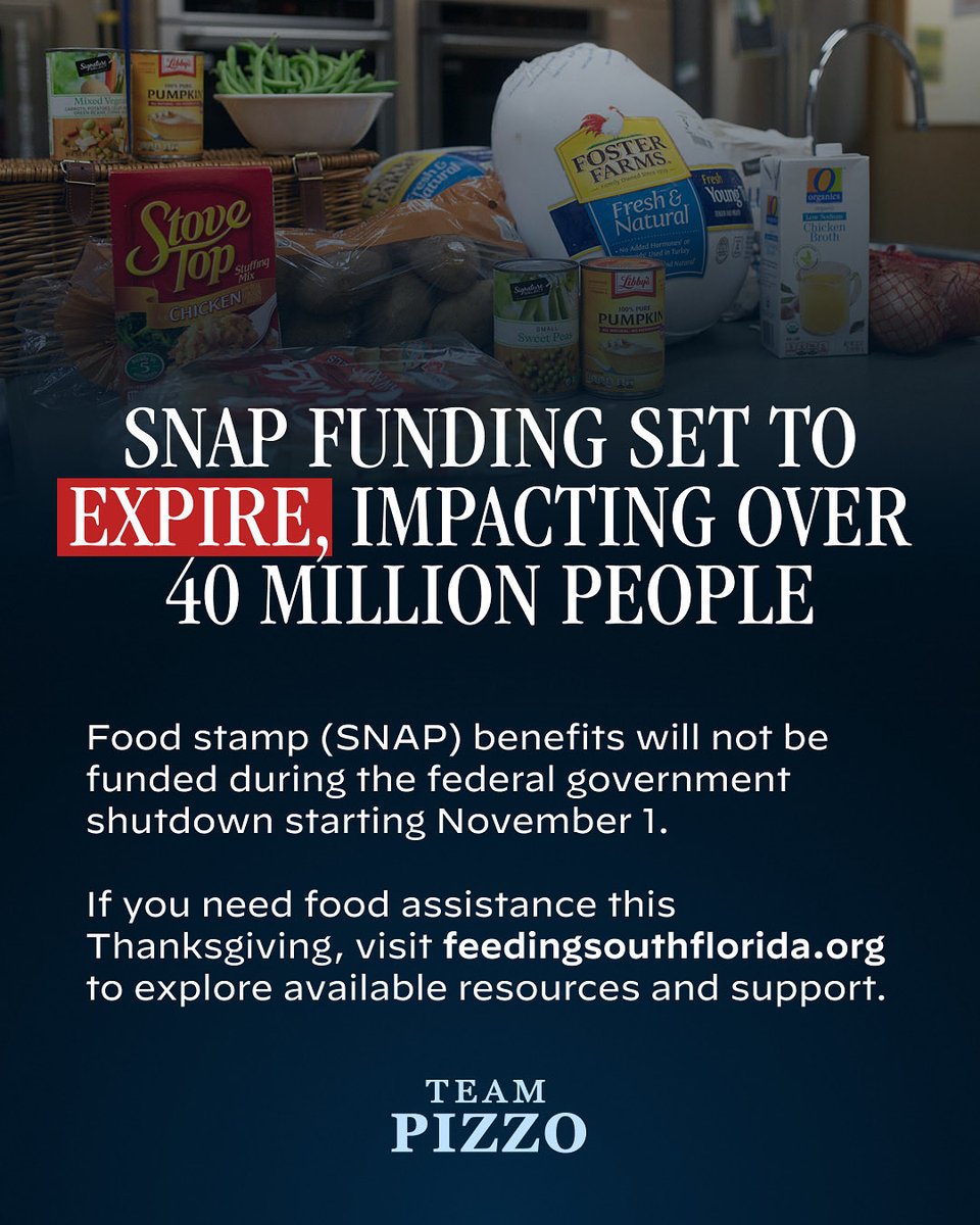 TeamPizzo's tweet photo. The federal government has announced that it will be unable to fund SNAP beginning November 1, impacting over 40 million people.

As we approach the Thanksgiving holiday, visit https://t.co/74AyOGV7T4 to explore available resources and support. https://t.co/lGetnIeNHC