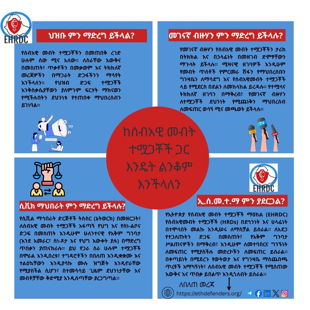 Supporting Human Rights Defenders starts with all of us. Together, we can create a safer space for their work in #Ethiopia.

#StandWithHRDs #WeDefendDefenders