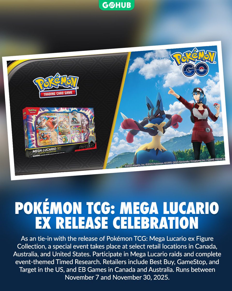 Pokmon TCG: Mega Lucario ex Release Celebration takes place in US, Canada,  and Australia at Best Buy, GameStop, and Target (United States), EB Games  Canada and EB Games Australia locations. Full details: