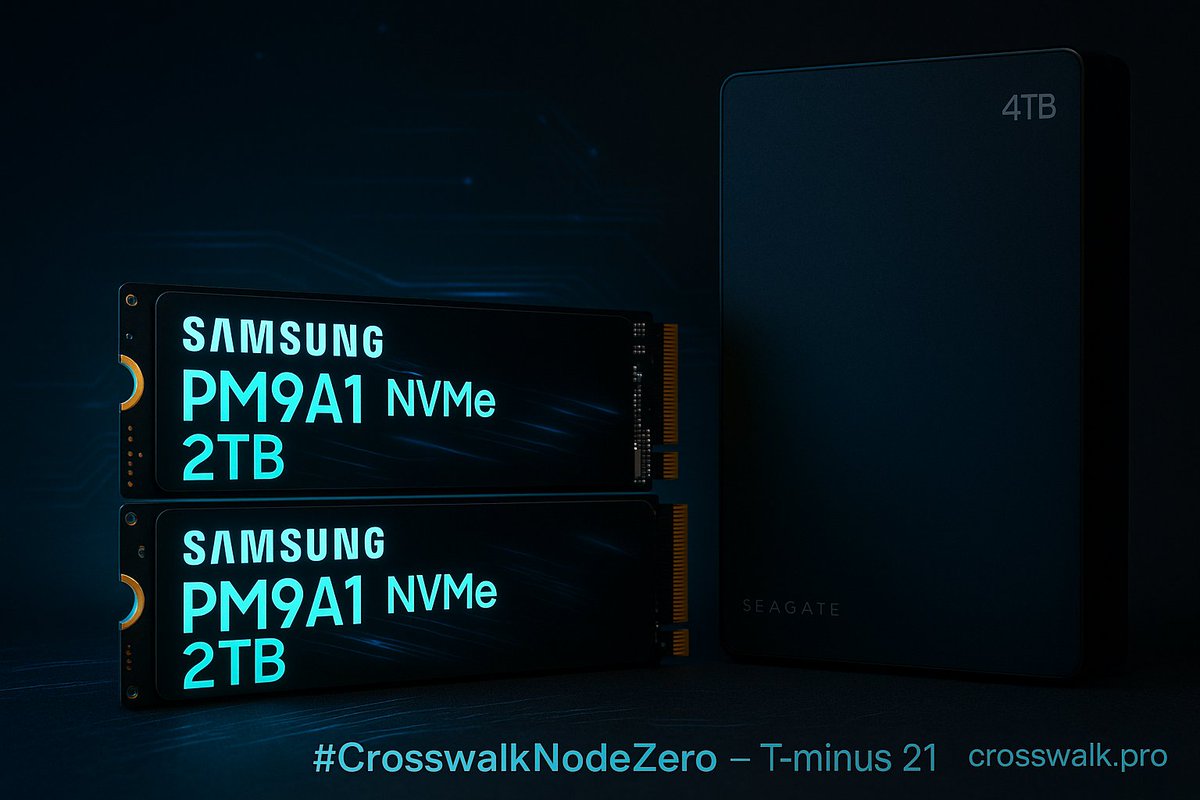 #CrosswalkNodeZero — T-minus 21
Storage is where trust lives.
Dual Samsung PM9A1 2 TB NVMe drives push up to 7 GB/s — built for continuous read/write under pressure.
A 4 TB Seagate mirror backs up, disconnects, and goes cold.
This is how Node Zero keeps its memory untouchable. ⚡