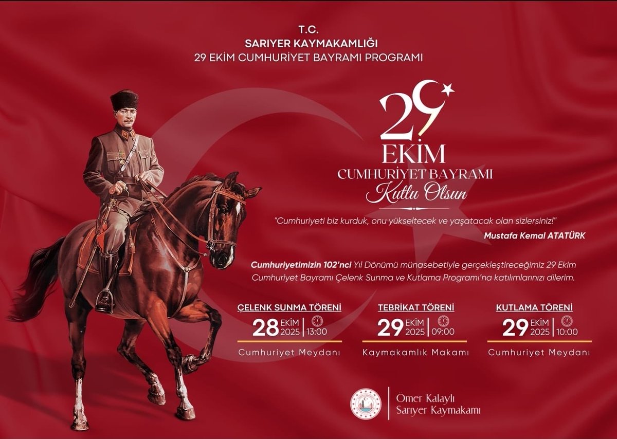 Cumhuriyetimizin 102'nci Yılı Kutlu Olsun! 🇹🇷

Cumhuriyetimizin 102'nci Yılı Coşkusunu Sarıyer'de Hep Birlikte Yaşayalım❗

Büyük bir sevinç, Gurur ve Heyecanla…

29 Ekim Cumhuriyet Bayramı Kutlama Programı 🇹🇷

⬇️⬇️⬇️