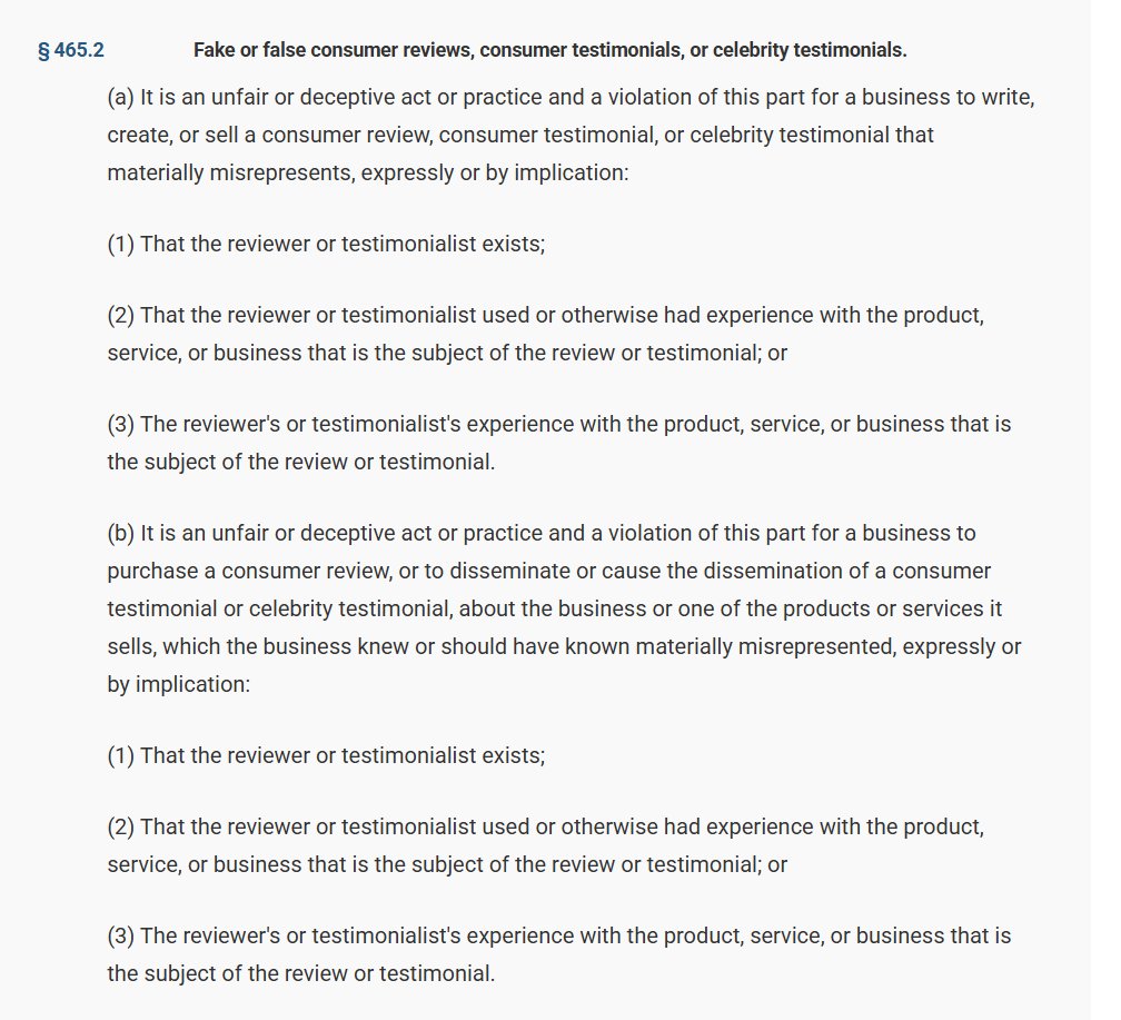 RobertFreundLaw's tweet image. I get tagged in a lot of posts asking whether using "AI UGC" tools is legal.

Here's language directly from the FTC's Rule on the Use of Consumer Reviews and Testimonials, which went into effect on October 21, 2024.