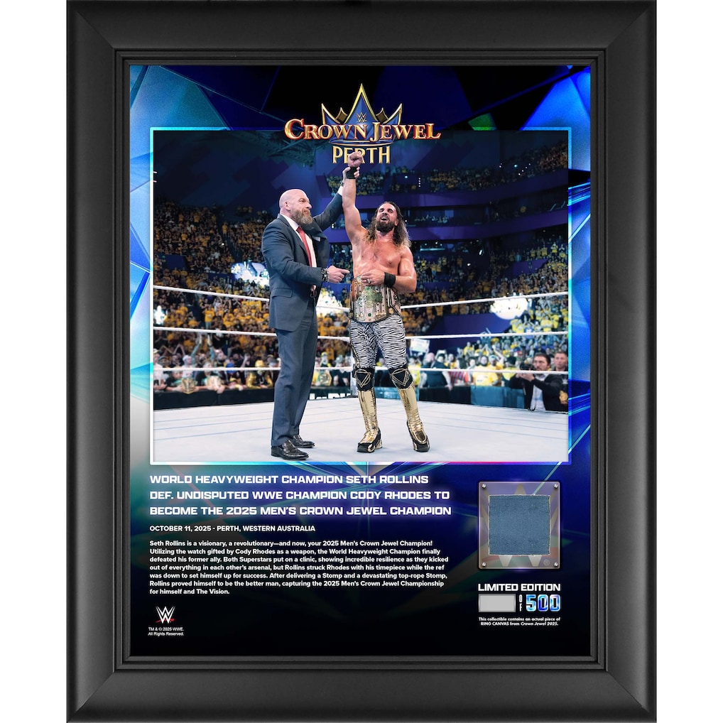 Seth Rollins WWE Framed 13" x 16" Crown Jewel 2025 Collage with a Piece of Match-Used Canvas - Limited Edition of 500 available at <a href="/WWEShop/">WWEShop.com</a> #SethRollins #TeamRollins 

Order yours: shop.wwe.com/en/seth-rollin…