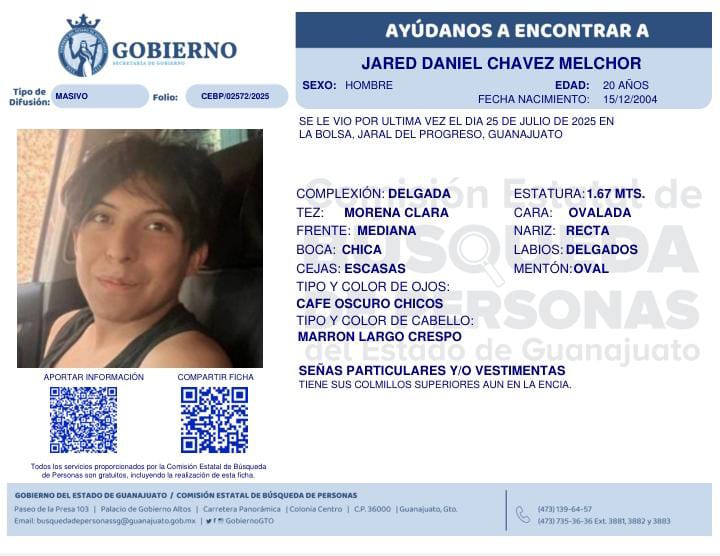 #TeBuscamos Jared Daniel Chavez Melchor 20 años #Desaparecido 25/Julio/2025 @JaraldelProgreso <a href="/FGEGUANAJUATO/">Fiscalía General del Estado de Guanajuato</a> <a href="/botDesaparecidx/">BotDesaparecidx</a> <a href="/LibiaDennise/">Libia Dennise</a> <a href="/BusquedaGto/">BusquedaGto</a> <a href="/Busqueda_MX/">Comisión Nal. de Búsqueda Mx</a> <a href="/Buscadoras_Gto/">Buscadoras Guanajuato</a> <a href="/DesaparecerEnMx/">adondevanlosdesaparecidos.org</a> <a href="/sosdesaparecido/">ALERTA DESAPARECIDOS</a>