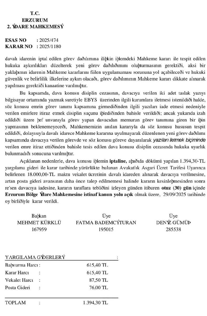 Bingöl İli Solhan İlçe Millî Eğitim Müdürlüğünde şef olarak görev yapan bir üyemize, şefin görev tanımında olmayan işleri yapmadığı gerekçesiyle açılan soruşturma neticesinde verilen uyarı cezasını, İdare mahkesine götürerek  cezanın iptalini sağladık. Ayrıca aynı ilçe millî