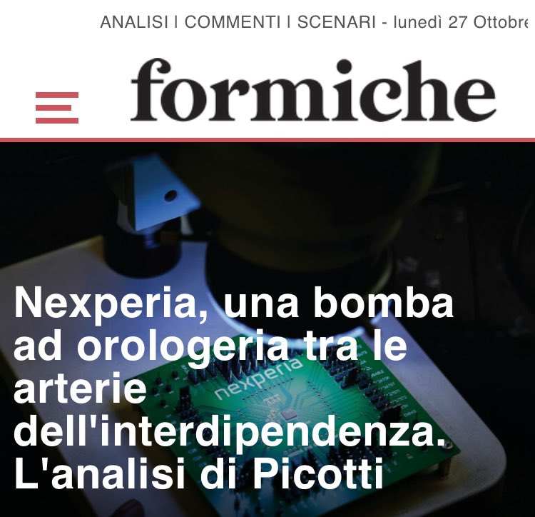 Perché è così importante il caso Nexperia? Come leggerlo? Quali sono i trade-off di misure e contromisure tra le linee invisibili delle diverse geografie giuridiche? E perché parla anche all’Italia? 

La mia analisi su <a href="/formichenews/">Formiche</a> 

Link: formiche.net/2025/10/nexper…