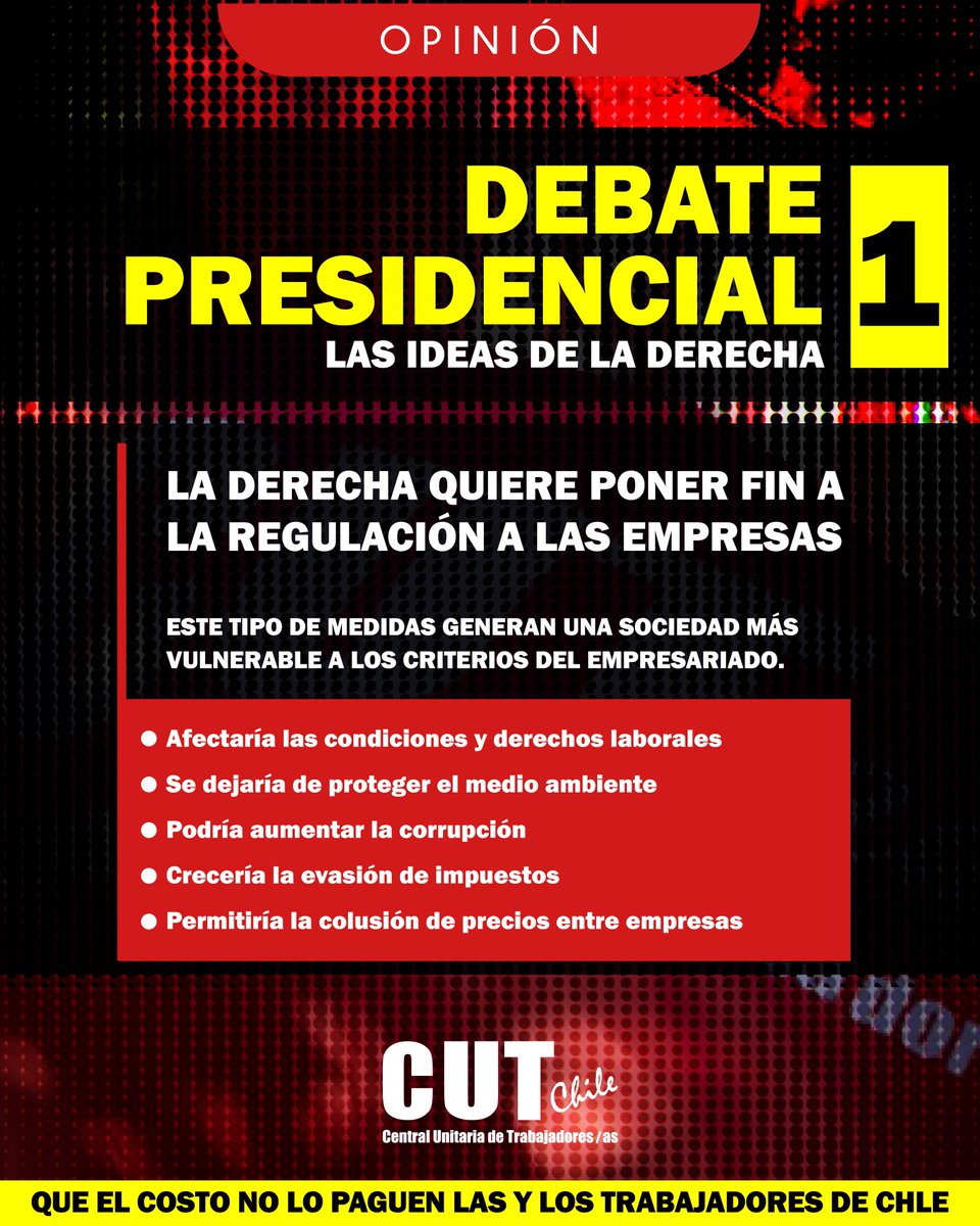 DEBATE PRESIDENCIAL
Las ideas de la derecha (1)
La derecha quiere poner fin a la regulación a las empresas.
Este tipo de medidas generan una sociedad más vulnerable a los criterios del empresariado.
· Afectaría las condiciones y derechos laborales
· Se dejaría de proteger el