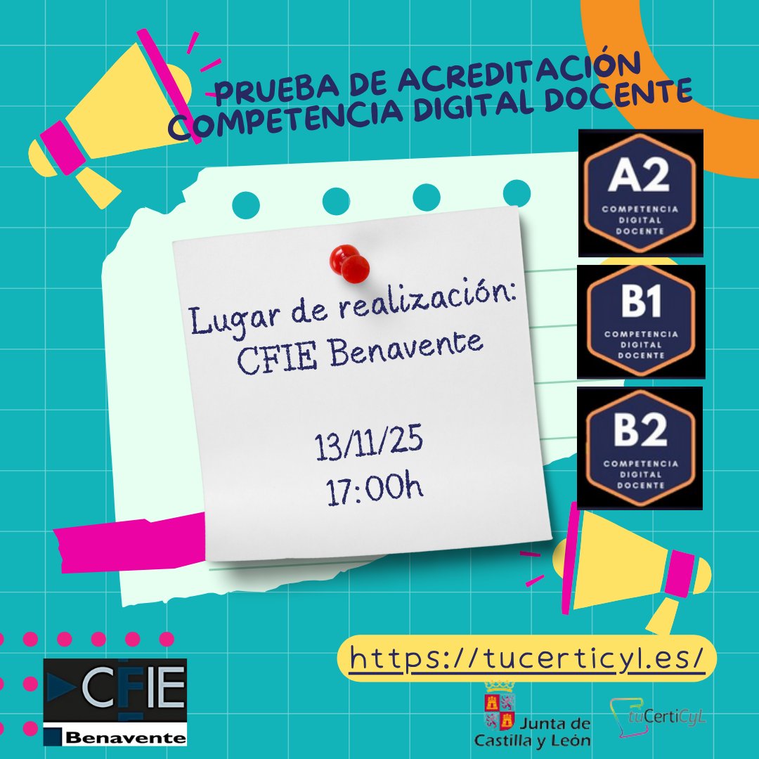 cfiebenavente's tweet photo. 📢Convocadas: Pruebas libres de ACREDITACIÓN DE LA COMPETENCIA DIGITAL DOCENTE
Obtén o mejora tu #CompDigEdu para el concurso de traslados
📆A2 , B1, B2 - 13 de noviembre-
⏳17:00h PRESENCIAL en @cfiebenavente
🖊️Inscripción: hasta 3 noviembre: https://t.co/45XoH6oTnY
#tiCyL https://t.co/2n97mkjjNa