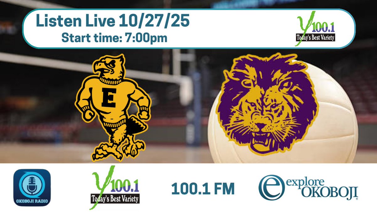 🏐 Join <a href="/ScottNSports/">Scott Nolte </a> for Class 2A postseason volleyball tonight as <a href="/ehawkpride/">Emmetsburg Schools</a> <a href="/ehawkvb/">E-Hawk Volleyball</a> host <a href="/CentralLyon/">Central Lyon Schools</a>. First serve 7 PM on 100.1 FM and audio streaming at exploreokoboji.com/listen/