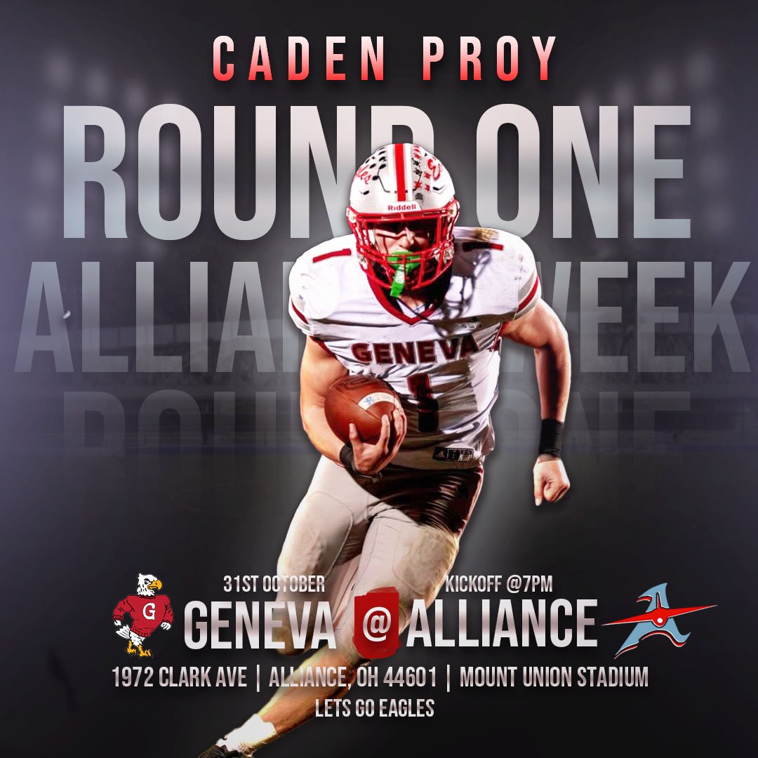 🏈PLAYOFF WEEK 1🏈
Geneva @ Alliance
Kick Off: 7:00pm
Tickets: events.hometownticketing.com/boxoffice/ohsa…
Can also purchase tickets at the gate.
Adults $12
Students $5
#EaglePride