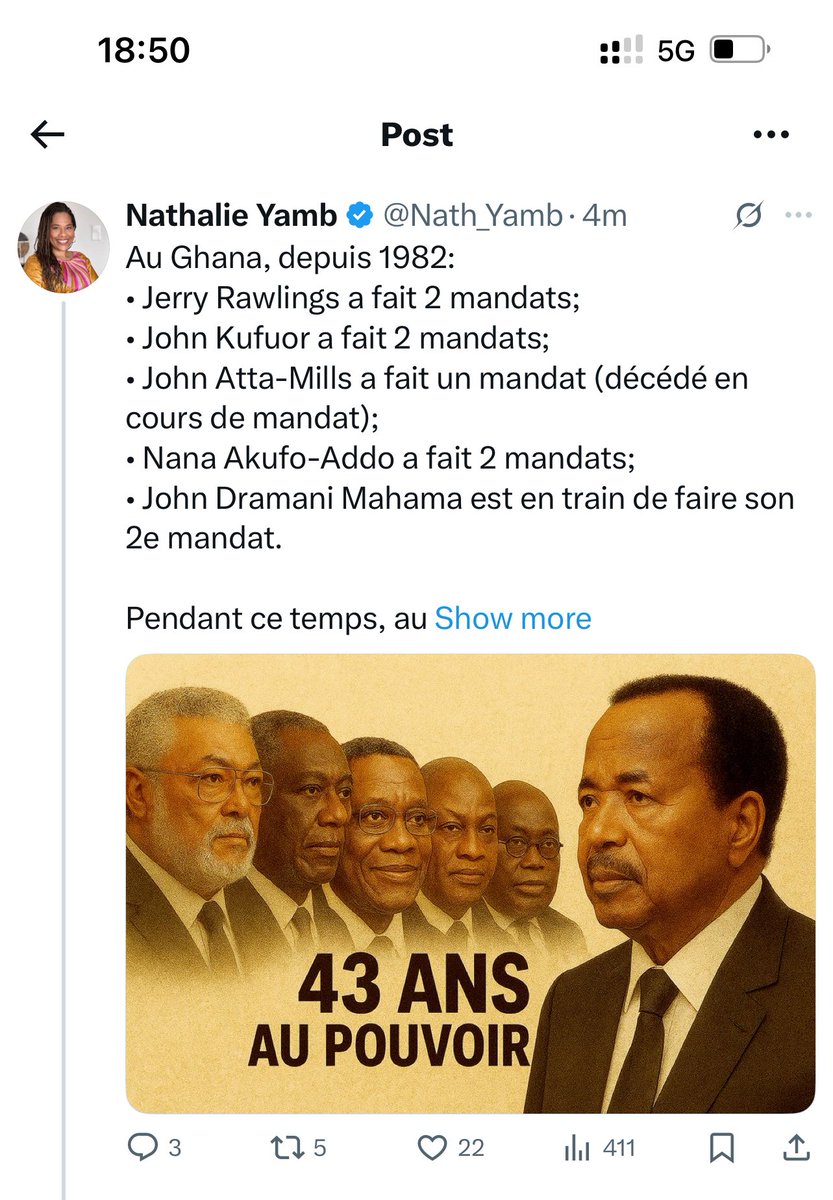 benjimk's tweet image. 5 heures après mon tweet (et des centaines de commentaires !), Nathalie Yamb vient de briser le silence pour enfin réagir au 8e mandat de Paul Biya au Cameroun 🇨🇲 ! 😅