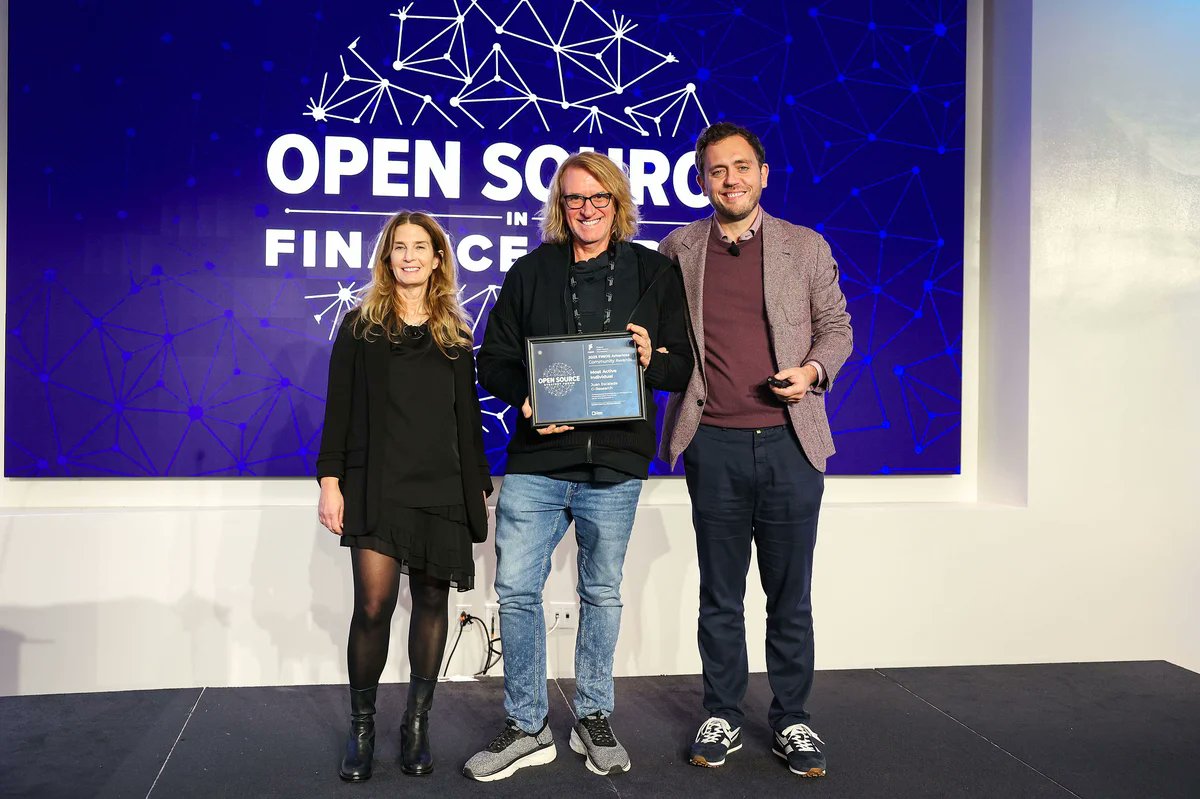 🌟 That's our own Juan Escalada winning the #FINOS Most Active Individual Award! 🥇

🗣️ Thanks to Dave for being his stunt double in NY. 

Proud to have a team proving a "commitment to #opensource thru continuous contribution, project leadership &amp; moving the open source needle"