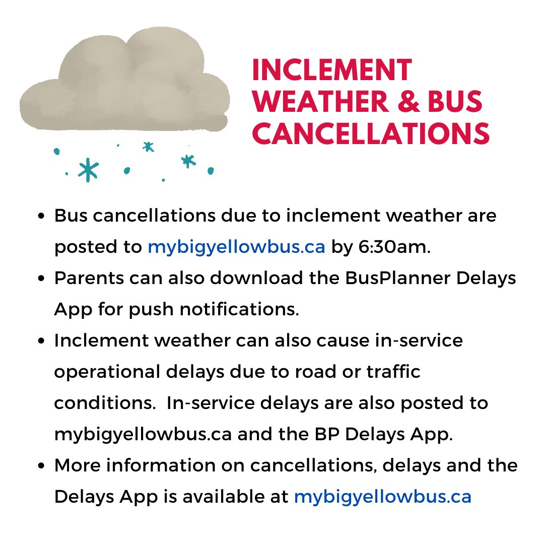 ❄️ Be prepared when winter weather hits! Stay updated on delays &amp; cancellations with the BP Delays app or mybigyellowbus.ca