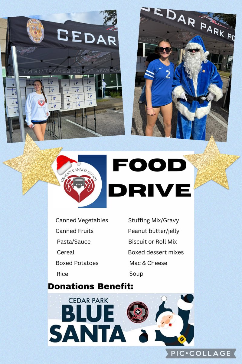 Our 6th annual Food Drive benefiting the <a href="/CedarParkPD/">Cedar Park Police</a> Blue Santa families is accepting donations! Please help us provide each family a box of food! Drop off <a href="/CedarParkPubLib/">Cedar Park Library</a> CP Rec center &amp; lobby of the police department from now until December 8! Thank you for your support 💙