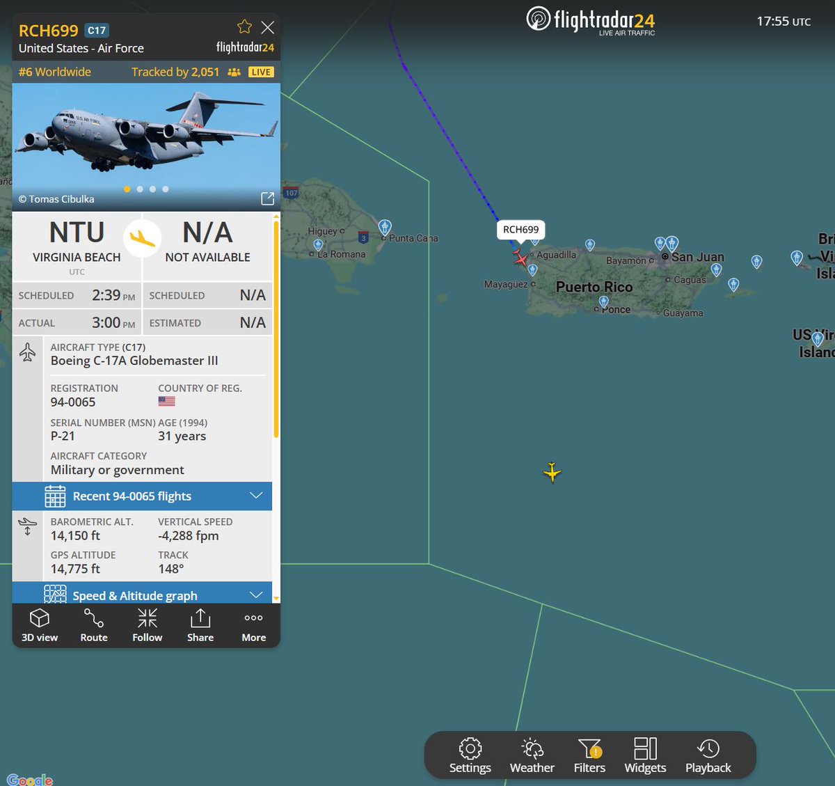 Flightwatcher1's tweet photo. #USAF C-17A Globemaster III
Código de llamada: REACH699
Matrícula: 94-0065
Hex: #AE07DF
Desde Oceana NAS🇺🇸 hasta Ponce🇵🇷
Interesante que en puerto de Ponce este el MV Ocean Trader.. https://t.co/9PoRhpewec