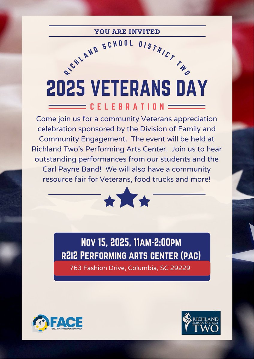 🇺🇸 Join us as we celebrate our heroes! This year’s Veterans Day Celebration has it all - powerful performances, delicious food trucks, on-site veteran resources, and more! 🎵🍔🎖️
📅 Saturday, November 15 | ⏰ 11AM-2PM
📍 R2i2 Performing Arts Center (PAC), 763 Fashion Dr.