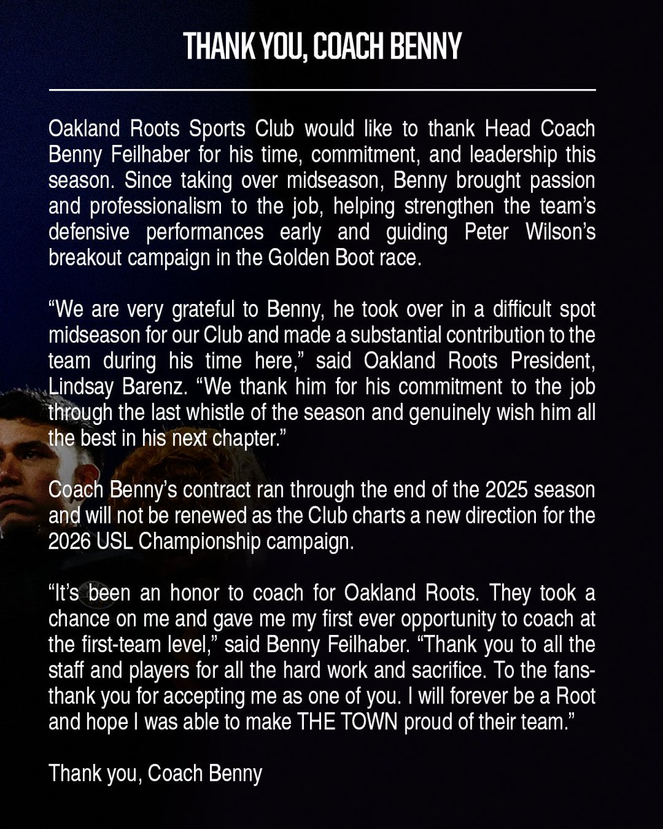 oaklandrootssc's tweet image. Thank You, Coach Benny.

“It’s been an honor to coach for Oakland Roots. They took a chance on me and gave me my first ever opportunity to coach at the first-team level,” said Benny Feilhaber. “Thank you to all the staff and players for all the hard work and sacrifice. To the…