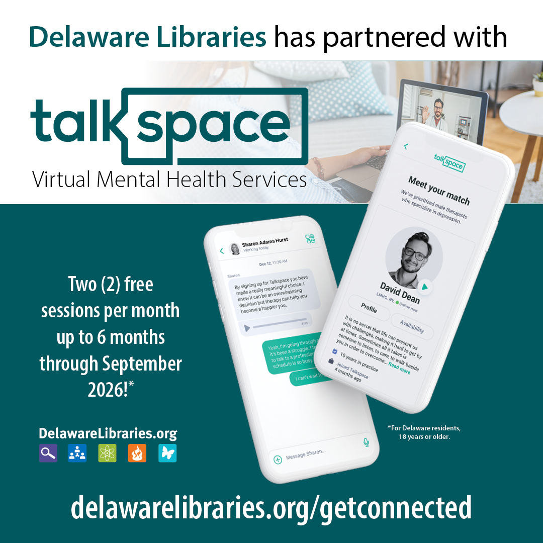 DELibraries's tweet image. #DelawareLibraries have partnered with Talkspace to provide free access for Delawareans to achieve better mental health. Learn about it at delawarelibraries.org/getconnected #netde