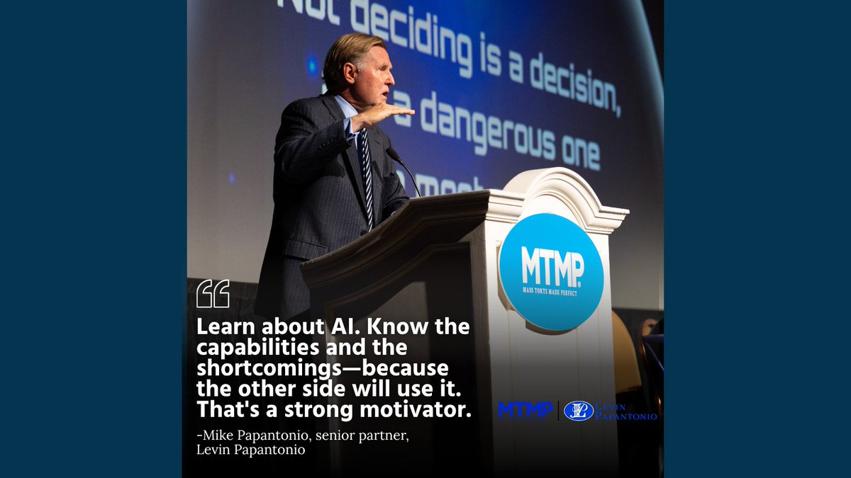 “Learn about AI. Know the capabilities and the shortcomings—because the other side will use it. That’s a strong motivator.” — Mike Papantonio

Last week, at #MTMPFall2025, Papantonio urged lawyers to master AI tools now—or risk being left behind. ⚖️

#MassTorts #LitigateSmarter