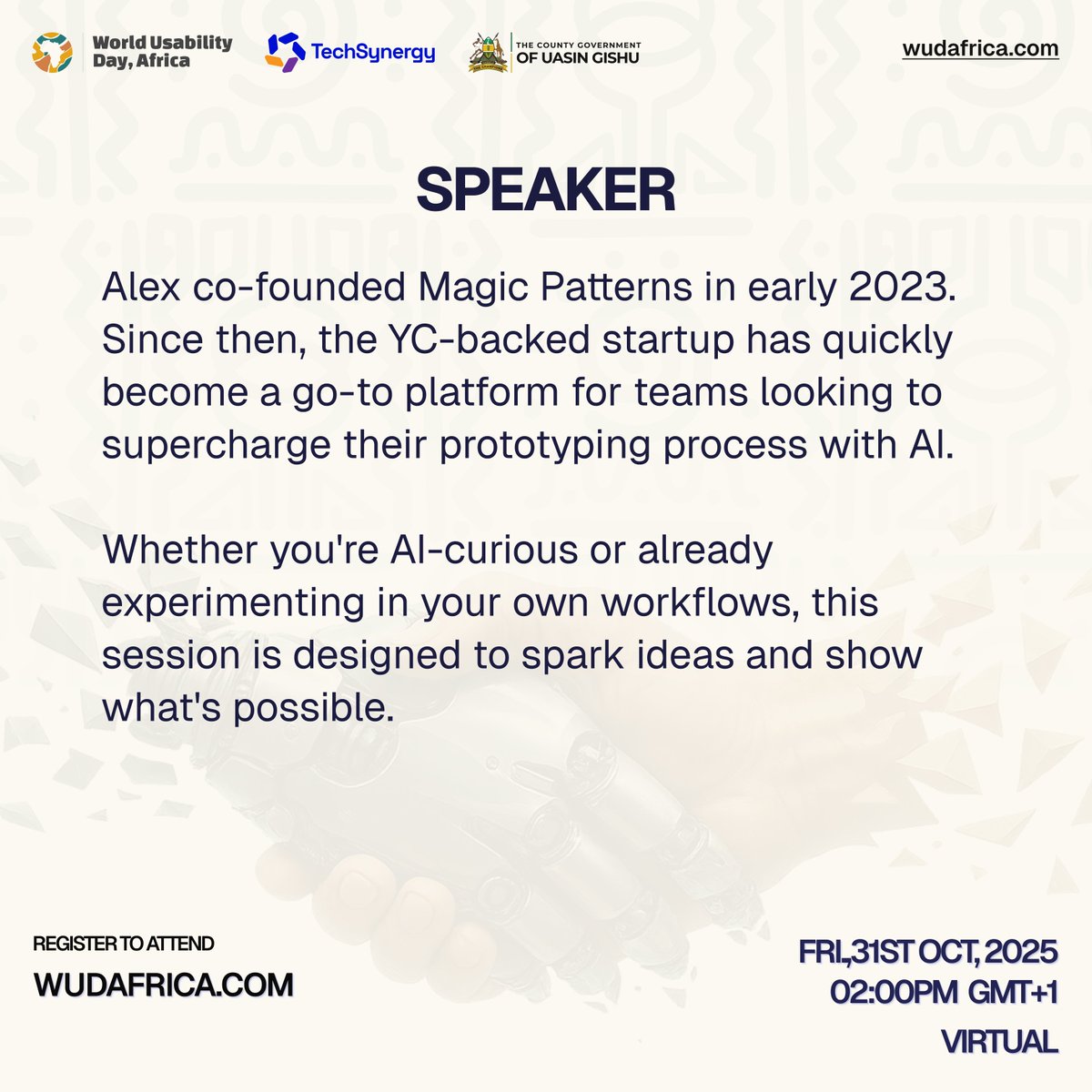 wudafricahq's tweet image. We’re excited to have @alexdanilowicz , Co-founder of @magicpatterns , lead one of our workshop sessions at WUD Africa 2025!
Date: November 1st, 2025
Register: wudafrica.com
Theme: The Prompt is You! Building the Future with AI
#WUDAfrica2025 #WUD2025