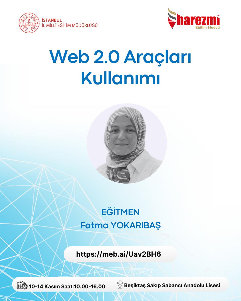 🔷️ 10-14 Kasım tarihleri arasındaki ara tatilde de öğrenmeye devam ediyor ve Harezmi Eğitim Modeli öğretmen eğitimlerinde Web 2.0 Araçları Kullanımı eğitiminde buluşuyoruz.

Tüm öğretmenlerimizi geleceğin öğrenme modellerini tasarlamaya bekliyoruz! 🌿

🔗