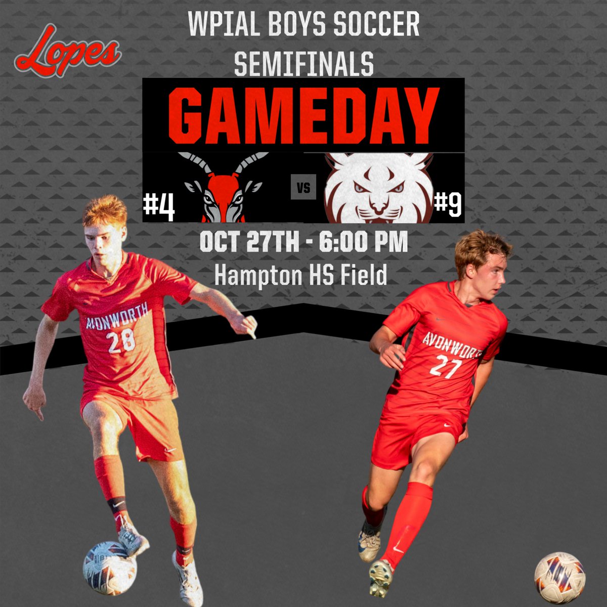 GAMEDAY!

Boys soccer travels to Hampton HS tonight to take on #9 Seed Beaver in the WPIAL Semifinals for a chance to play at Highmark! 

6 PM
Hampton HS Field 

#LopesUP