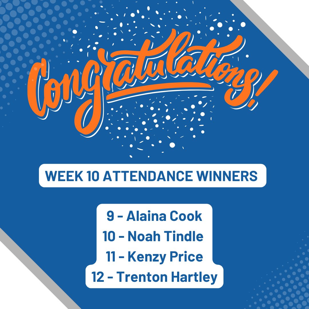 Congrats to this week's attendance winners!
If you have 90% attendance or better, your name is entered into our weekly drawing. Be here. Be on time. Be Hillcrest!