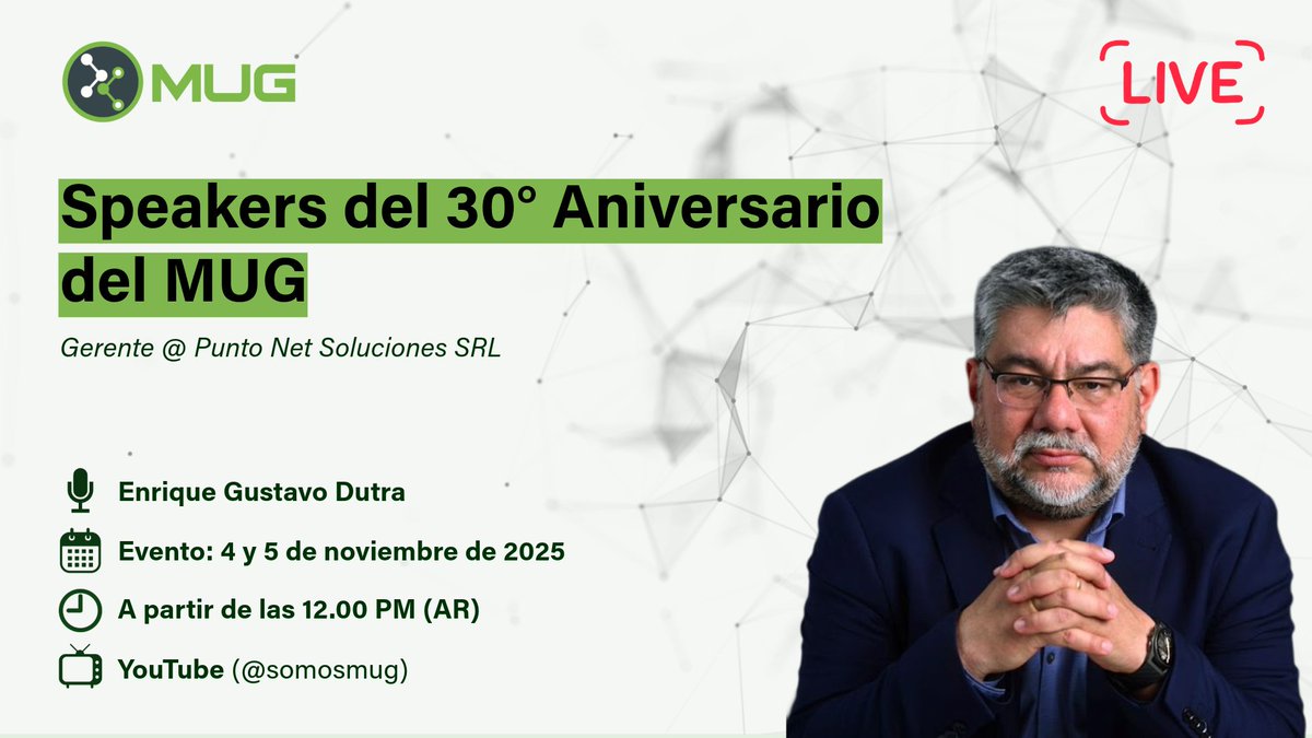 🎙️ ¡Celebramos los 30 años del MUG! 

 Conocé a <a href="/egdutra/">Enrique G .Dutra</a> uno de las speakers del #MUG30Años 👇

📌 En vivo por YouTube → <a href="/somosmug/">MUG IT</a>

💰 Inscribite gratis → 🔗tr.ee/tQeGP2

#ComunidadTech #Microsoft #CharlasTech