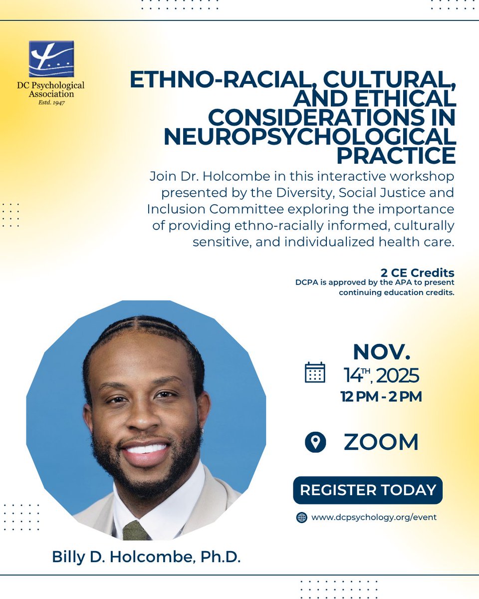DCPsychAssoc's tweet image. You do not want to miss this interactive workshop presented by our Diversity, Social Justice, and Inclusion Committee featuring Dr. Holcombe!

Register today via our Linktree. Please note date change.