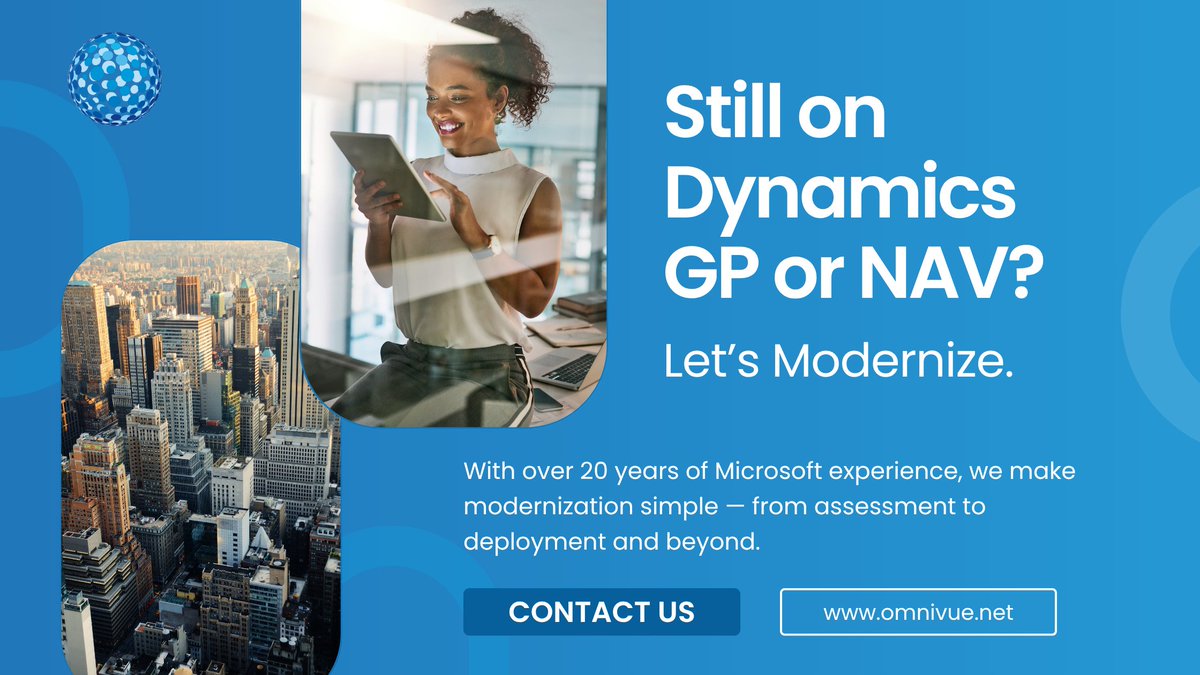 OmniVue's tweet image. Still running on Microsoft GP or NAV? okt.to/SheJTd

It’s time to move forward with Dynamics 365 Business Central — the modern, connected ERP built for agility and growth.

#MicrosoftPartner #BusinessCentral #Dynamics365 #ERPUpgrade #DigitalTransformation
