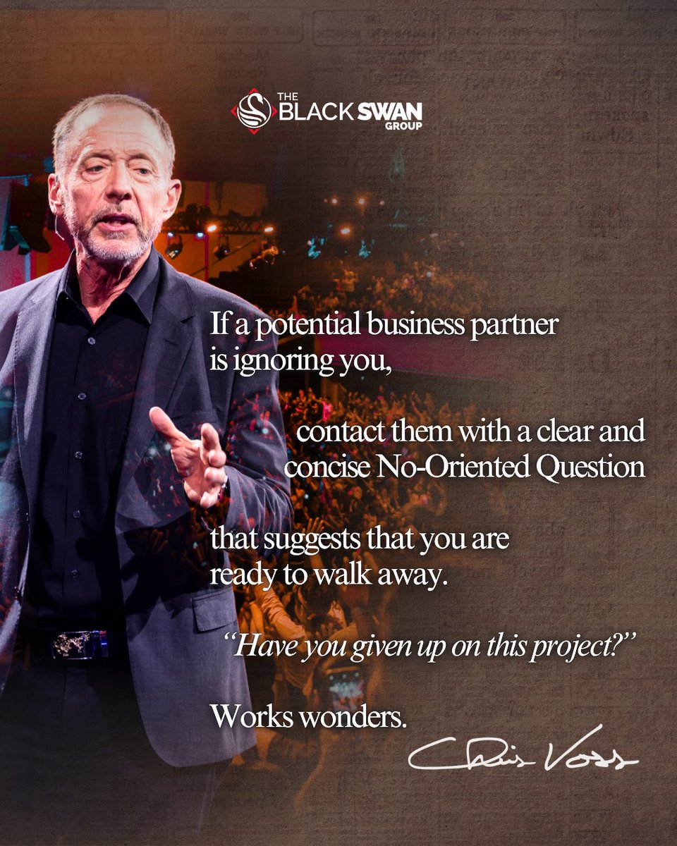 BlackSwanGrp's tweet image. When someone stops responding, don’t chase—create clarity. 

A No-Oriented Question like “Have you given up on this project?” removes pressure, invites honesty, and reopens communication. 

The best negotiators know how to make “no” work for them.

#NegotiationSkills