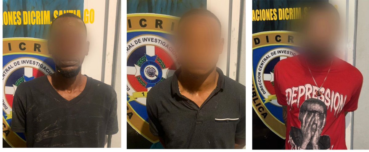 Three side-by-side photographs show individuals with blurred faces standing against a wall marked with Direccion Central de Investigaciones Criminales signage and the Dominican Republic flag emblem; the first person wears a gray t-shirt; the second a navy polo shirt; the third a red t-shirt featuring a graphic of hands in a praying or covering face pose labeled Depresión.